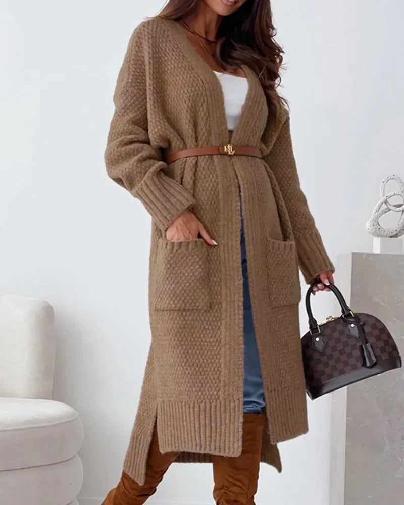 Open Front Pocket Design Loose Elegant Knitted Long Autumn Winter Coats