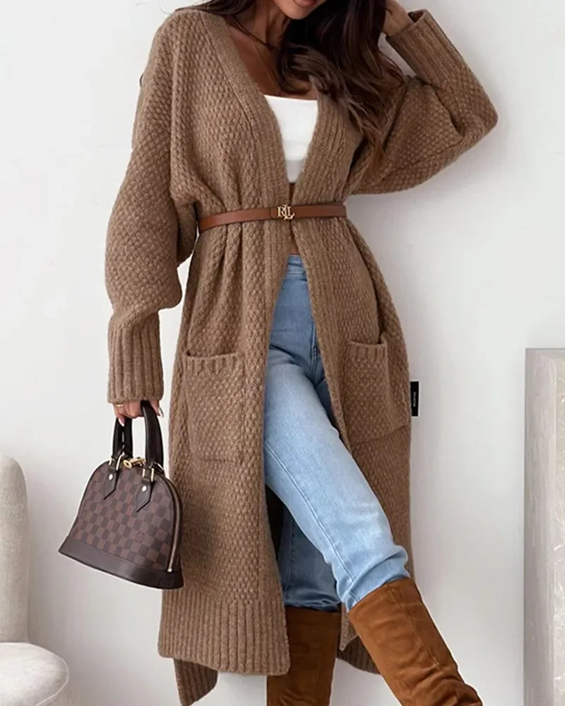 Open Front Pocket Design Loose Elegant Knitted Long Autumn Winter Coats