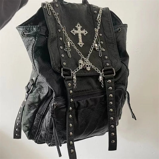 Y2K Gothic Cross Skull Little Girls Punk Backpack Style Korean Chain Soft Leather Bag