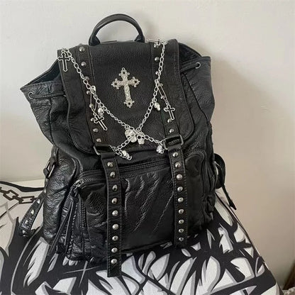 Y2K Gothic Cross Skull Little Girls Punk Backpack Style Korean Chain Soft Leather Bag