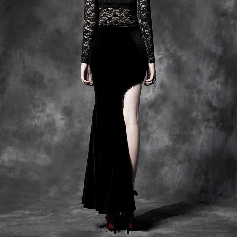 Gothic Embroidery Maxi Asymmetric Black Cheongsam Sexy Split Long Style Velvet Skirt