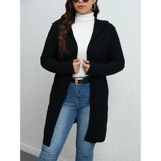 Versatile solid-color fashionable drawstring hooded knit loose casual top Cardigans