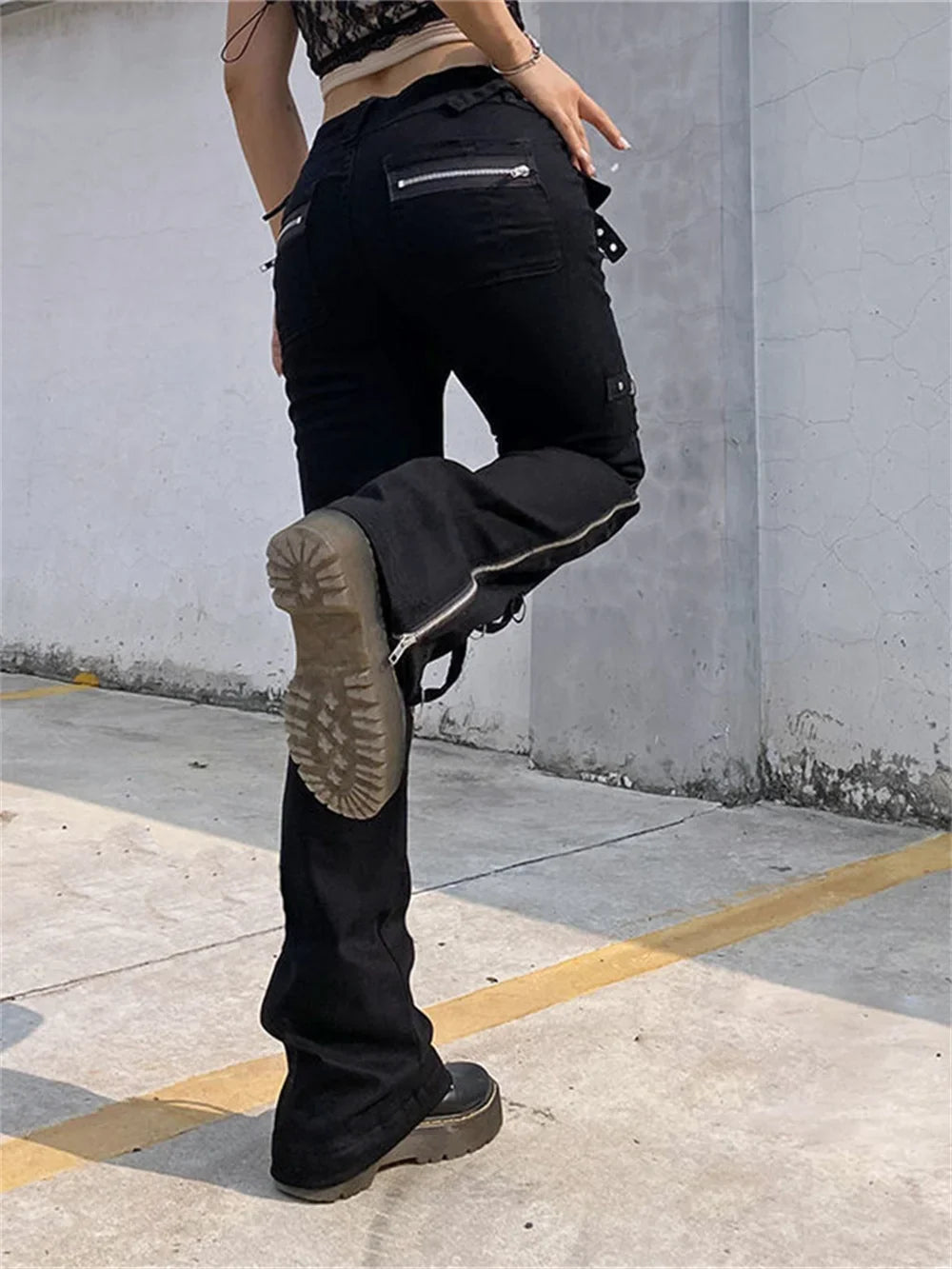 Punk Zipper Leggings Techwear Black Y2K Rivets Cargo Pants Pants