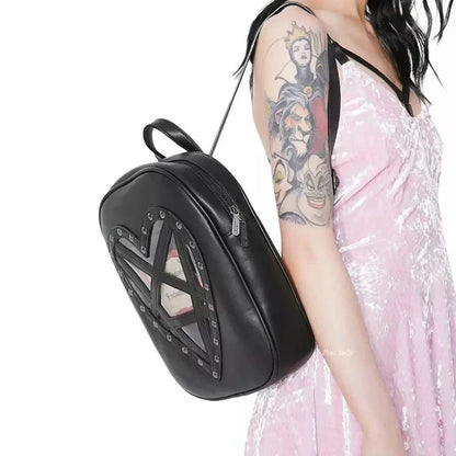 Punk PU Gothic Cosplay Rock Leather Pentacle Black Out Heart Hollow Bag