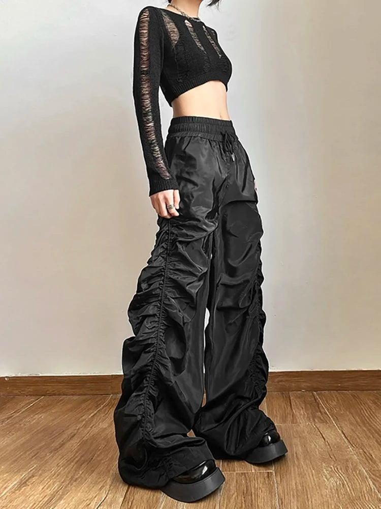 Solid Black Shirring Drawstring Elastic Waist Pant