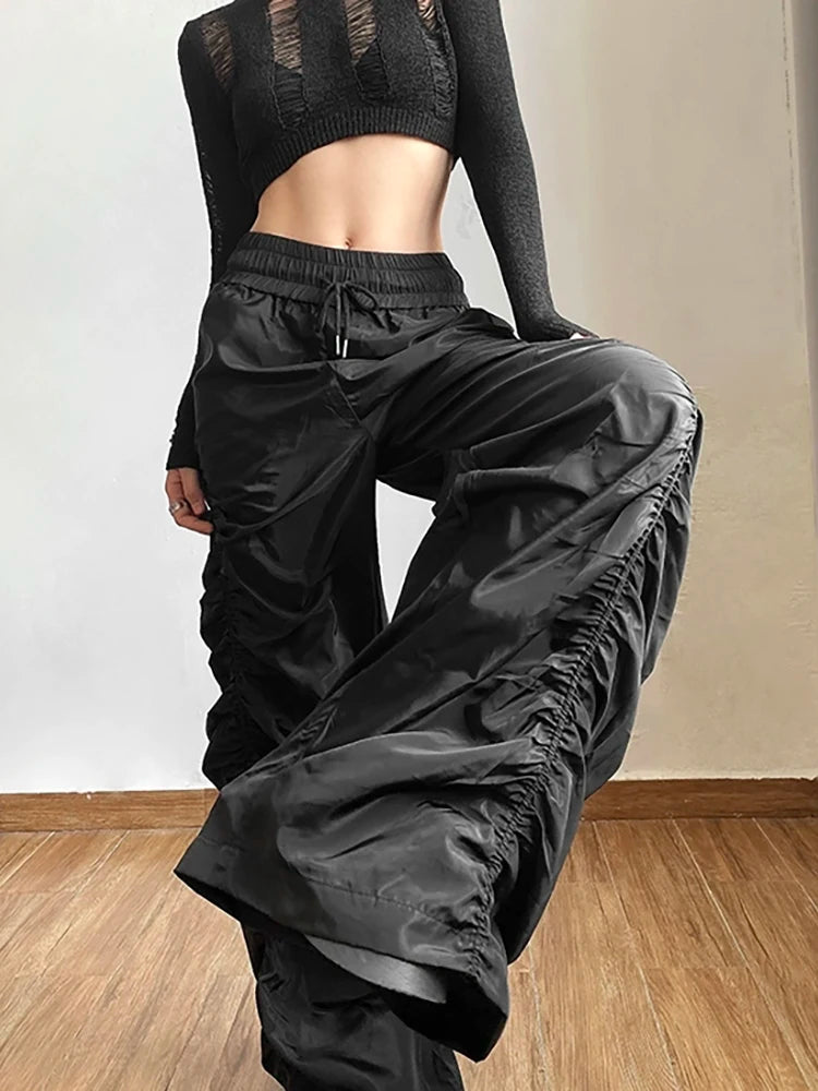 Solid Black Shirring Drawstring Elastic Waist Pant