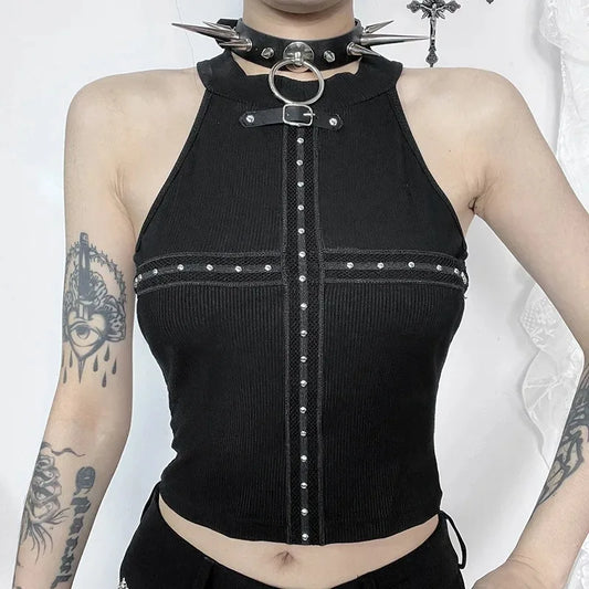 Gothic Dark Rivet Mesh Off Shoulder Sexy Backless Crop Top