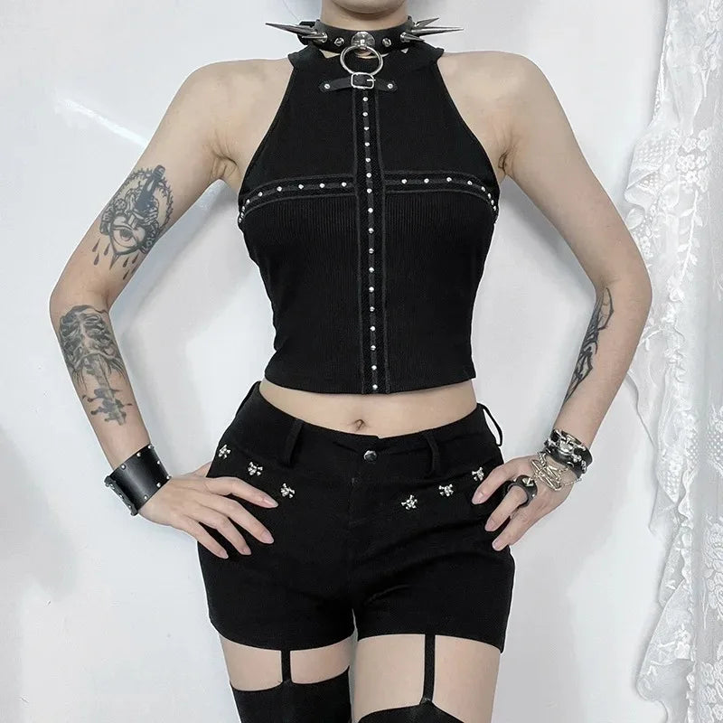 Gothic Dark Rivet Mesh Off Shoulder Sexy Backless Crop Top