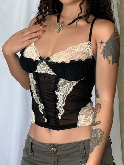 Lace Gothic Stitching Mesh Corset Crop Top