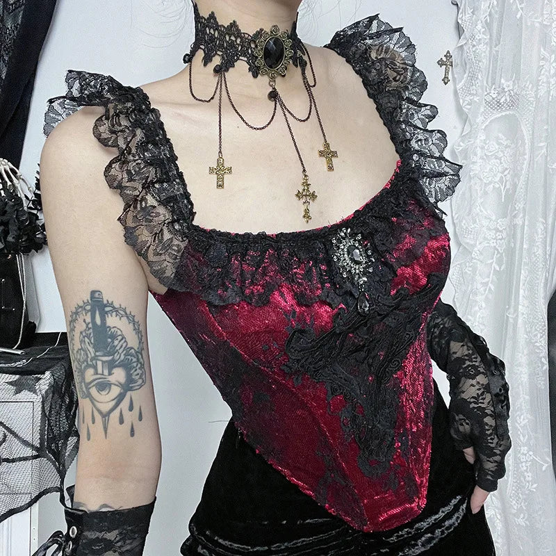 Victorian Ruched Lace Overlay Patchwork Sexy Crop Top