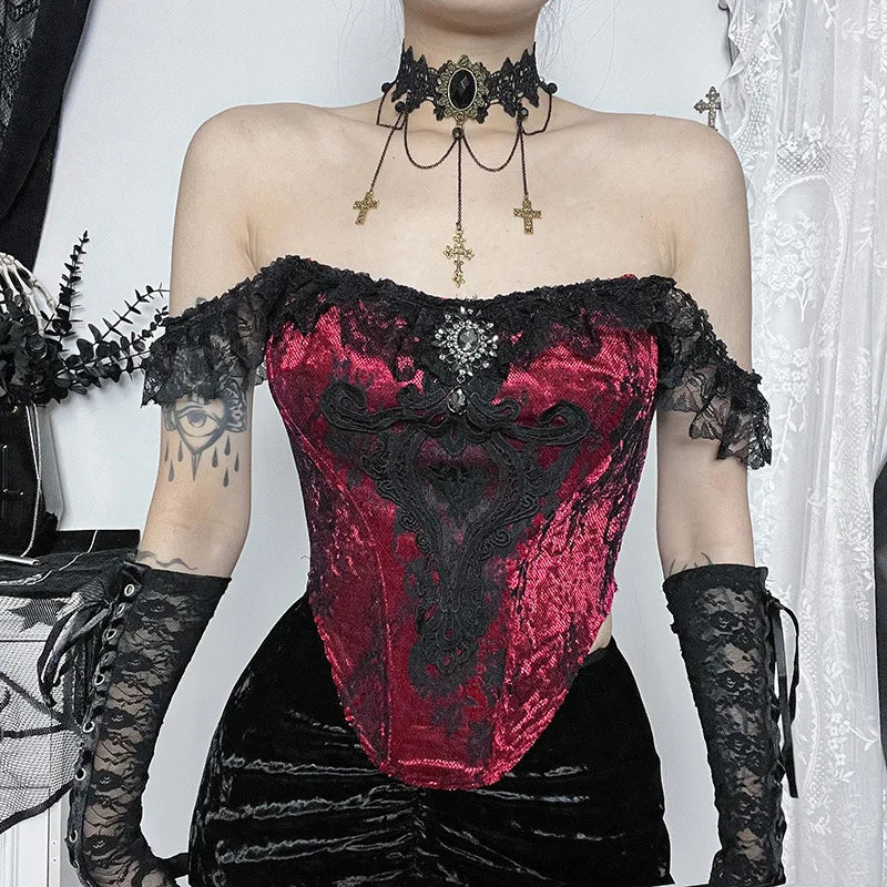 Victorian Ruched Lace Overlay Patchwork Sexy Crop Top