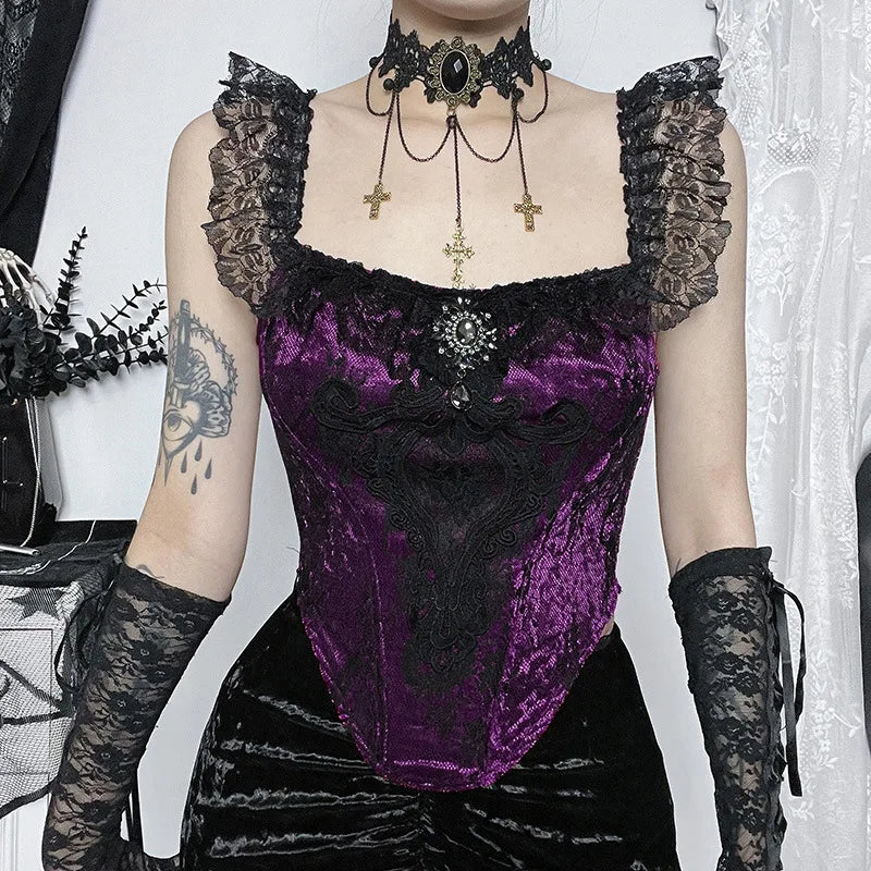 Victorian Ruched Lace Overlay Patchwork Sexy Crop Top