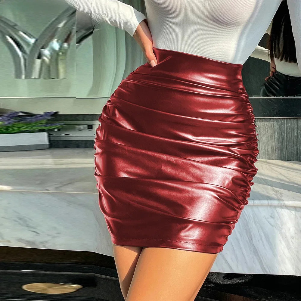 Sexy PU Leather Fashionable Folded Pleated Tight Mini Skirt