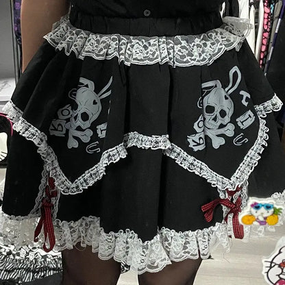 Gothic Lace Skeleton Y2K High Waist Layered Black Skirt