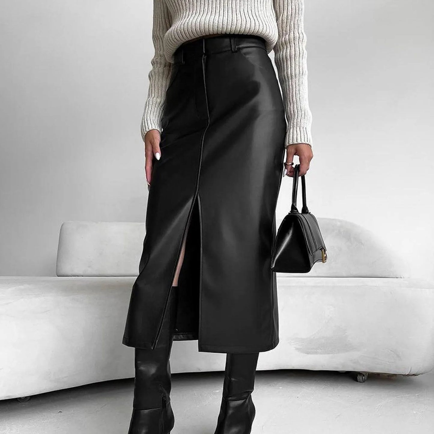 Chic Split Designed Slim Straight Faux Leather Long Skirt