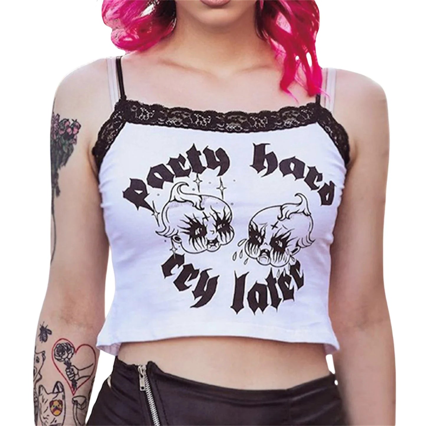 Gothic Navel Exposed Trim U-neck Lace Crop Top