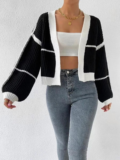 Cropped V-neck knitted color-contrast long-sleeve fashionable cozy plus-size Cardigans