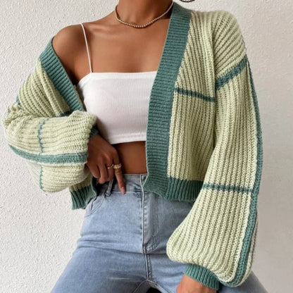 Cropped V-neck knitted color-contrast long-sleeve fashionable cozy plus-size Cardigans