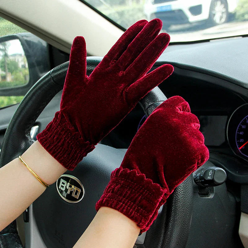 Gold Velvet Winter Full Finger Christmas Gloves - Soft and Comfortable