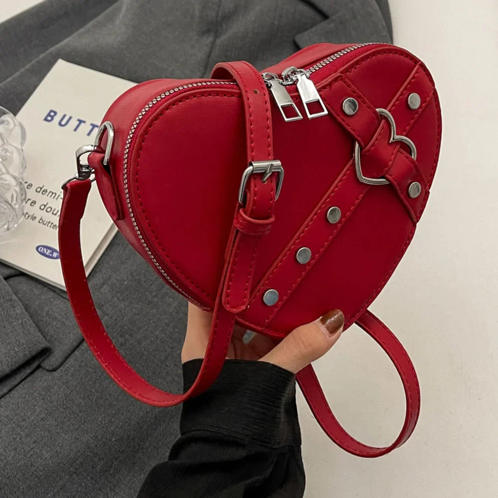 Vintage Chain Rivet PU Heart Small Leather Y2K Red Shaped Bag