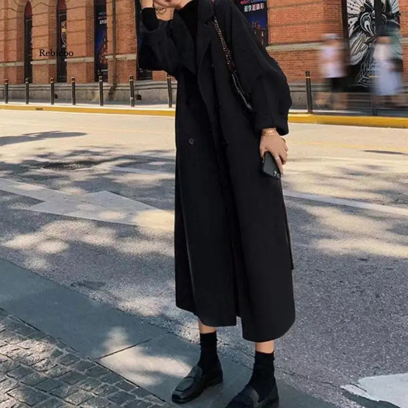 Winter Autumn Christmas Red Black Loose Wool Belted Coats