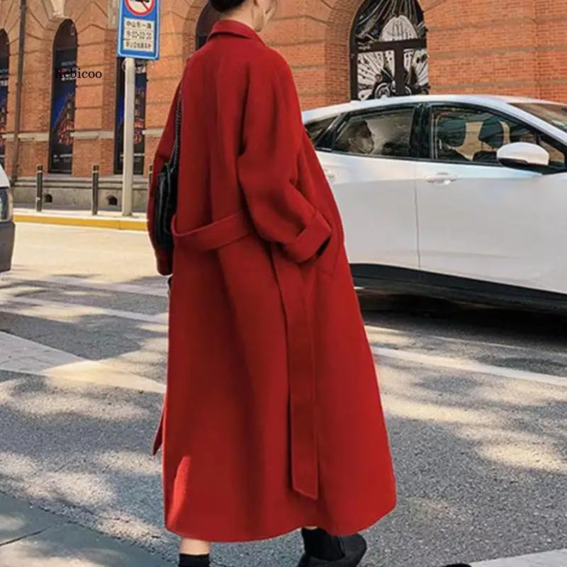 Winter Autumn Christmas Red Black Loose Wool Belted Coats