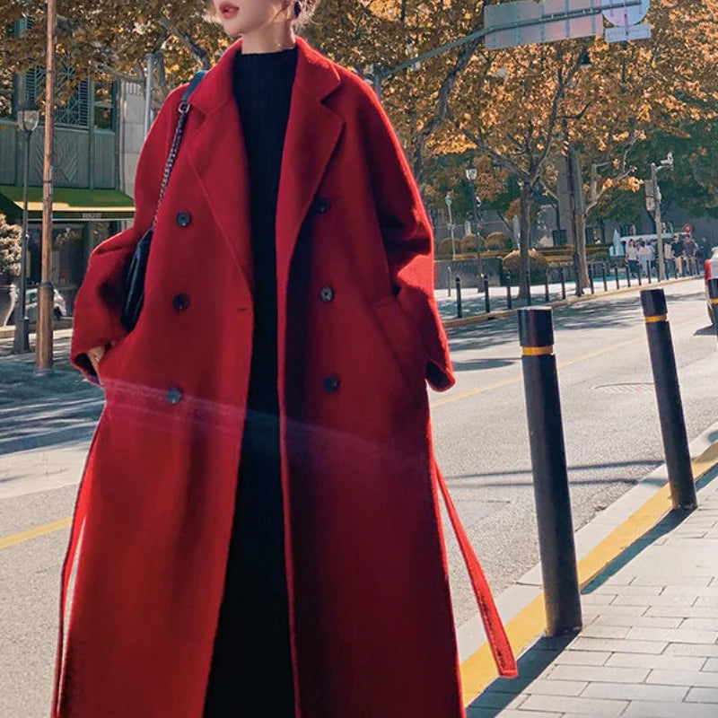 Winter Autumn Christmas Red Black Loose Wool Belted Coats