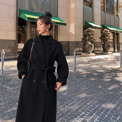 Winter Autumn Christmas Red Black Loose Wool Belted Coats