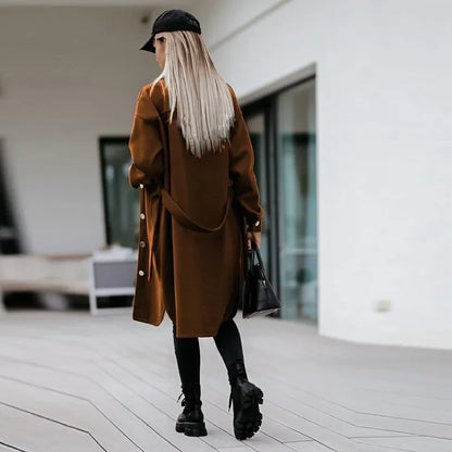 Blend Woolen Fashion Casual Long Sleeve Pocket Solid Belted Winter Autumn Coats