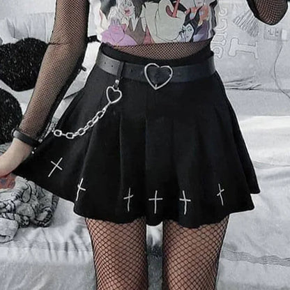 High Waist Gothic Punk Cross Pattern Mini Pleated Skirt