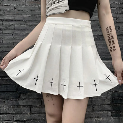 High Waist Gothic Punk Cross Pattern Mini Pleated Skirt