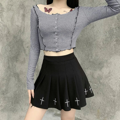 High Waist Gothic Punk Cross Pattern Mini Pleated Skirt