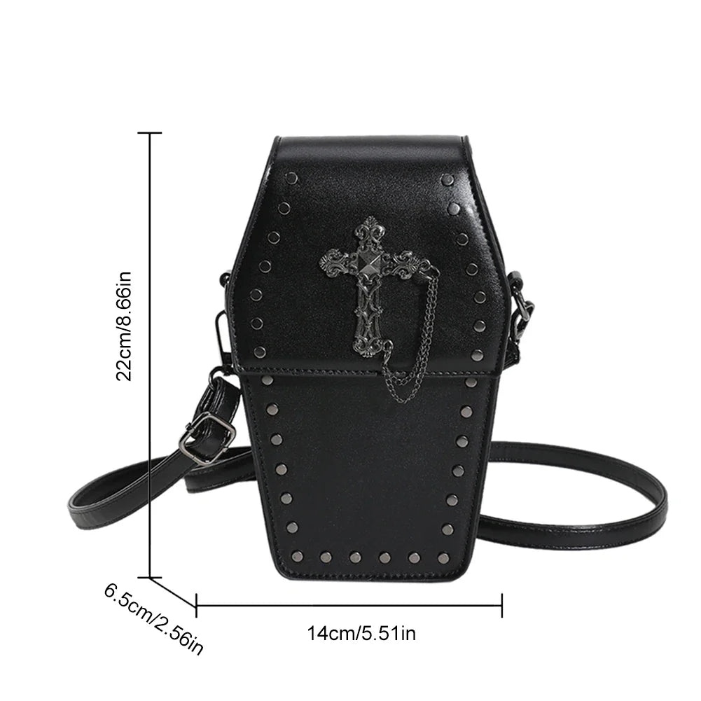 Women Halloween Adjustable Zipper Strap PU Gothic Coffin Leather Bag