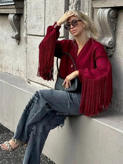 Tassels Patchwork Wine Red Knitted Cardigan Christmas Sweater