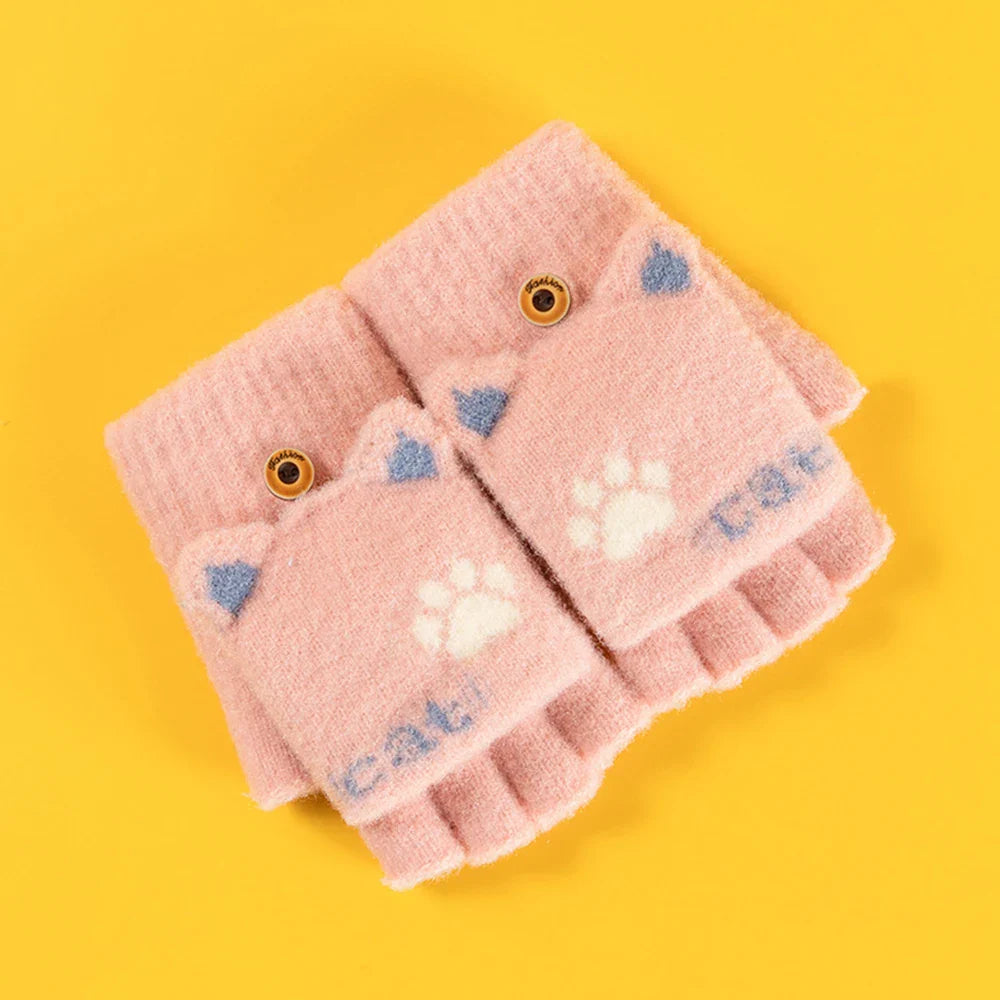 Fluffy Bear Cat Paw Claw Fingerless Winter Gloves - Korean Style Gift for Christmas