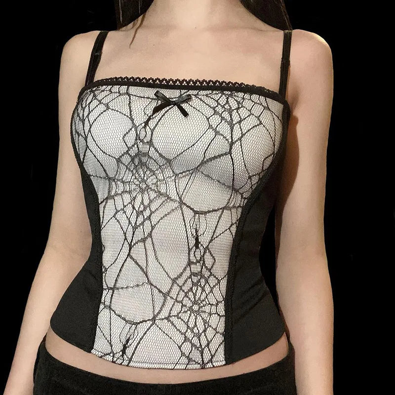 Gothic Backless Pattern Spider Zipper Crop Web Sleeveless Top