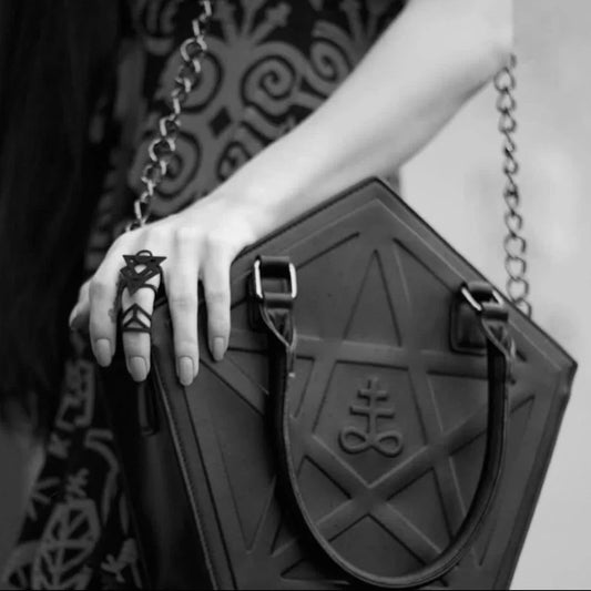 Pentagram Chain Star Punk Soft Gothic Darkness Black Women Leather Handbag