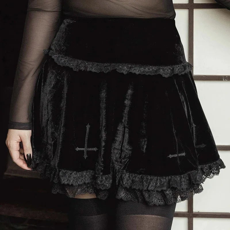 Sexy Lace Casual Gothic Stylish Embroidery Summer Trim Fashion Black Skirt