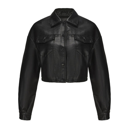 Spring Autumn Faux Leather Cropped Motorcycle Long Sleeve Jackets