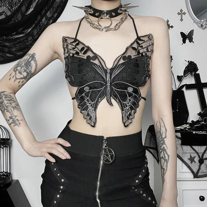 Gothic Backless Black Crop Halter Strappy Butterfly-Shape Sexy Top