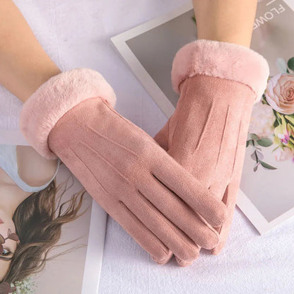 Winter Fur Full Finger Windproof Driving Outdoor Screen Women Christmas Glove