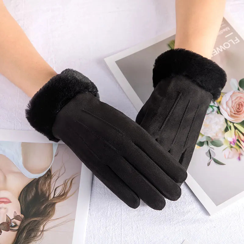 Winter Fur Full Finger Windproof Driving Outdoor Screen Women Christmas Glove