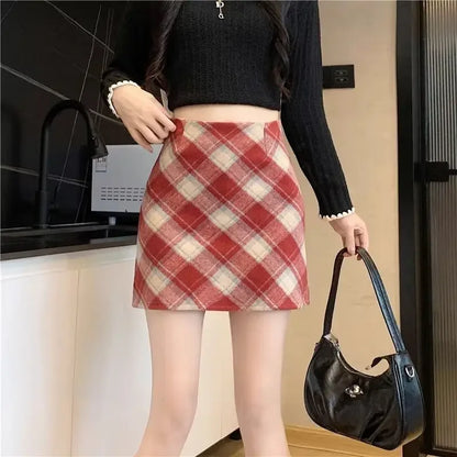 Petite Plaid Wool Sweater A-line Short Skirt