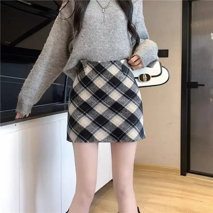 Autumn Winter Versatile Plaid Wool A-line Short Skirt