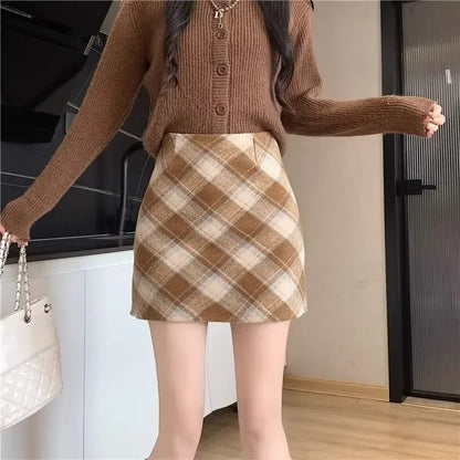 Petite Plaid Wool Sweater A-line Short Skirt