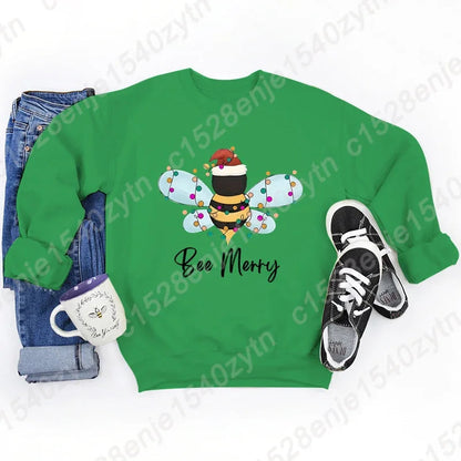 Festive Bee Letter Print Christmas Hoodie - Long Sleeve