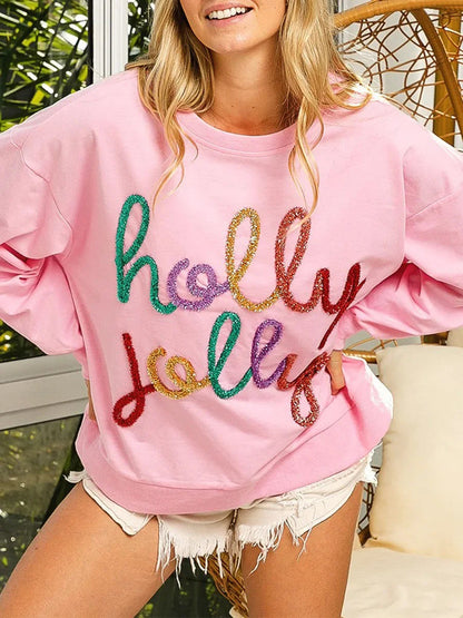 Sequin Letter Pattern Long Sleeve Round Neck Loose Christmas Hoodie