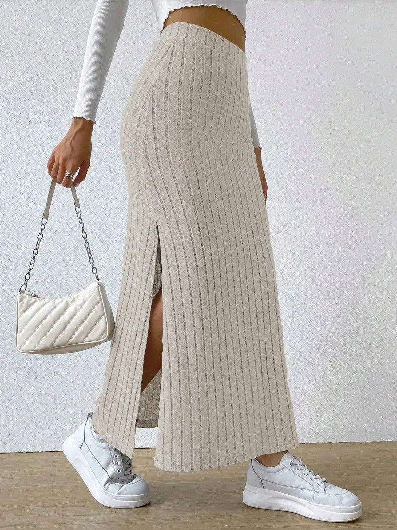 Fashion Casual Loose High Waisted Side Slit Slim Fit Knitted Skirt