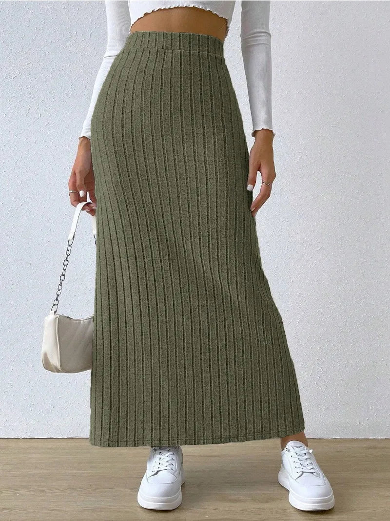 Fashion Casual Loose High Waisted Side Slit Slim Fit Knitted Skirt