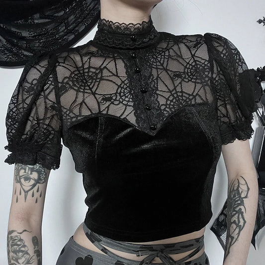 Gothic Sexy Lace Flared Black Velvet Aesthetic Vintage V-Neck Y2K Crop Top